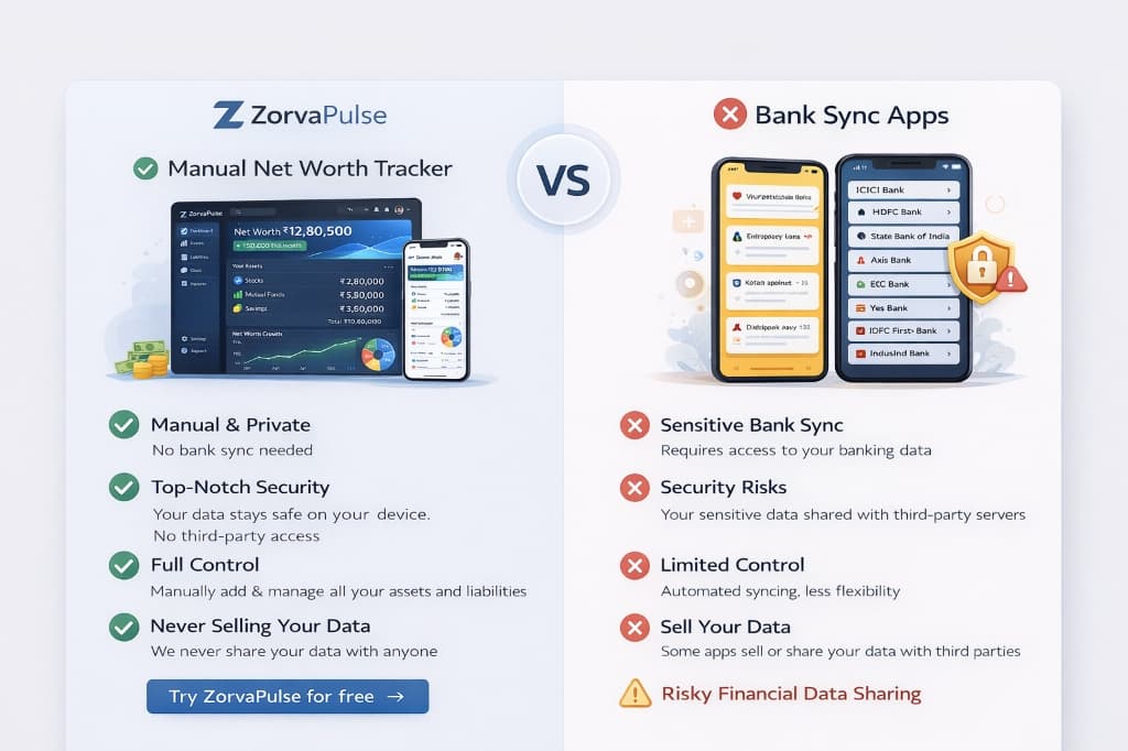 ZorvaPulse vs Bank Sync Apps – Why ZorvaPulse manual net worth tracker India is safer: no bank connection, full data control, no third-party sharing