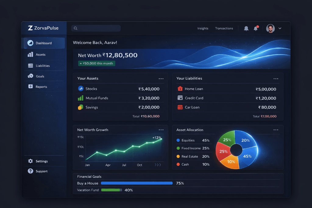 ZorvaPulse premium dark mode wealth dashboard – Net Worth ₹12,80,500 with asset allocation donut chart for Indian investors